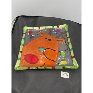 Lori Seibert Silvestri Hand Blown Glass Christmas Reindeer Square‎ Plate 11"X11"